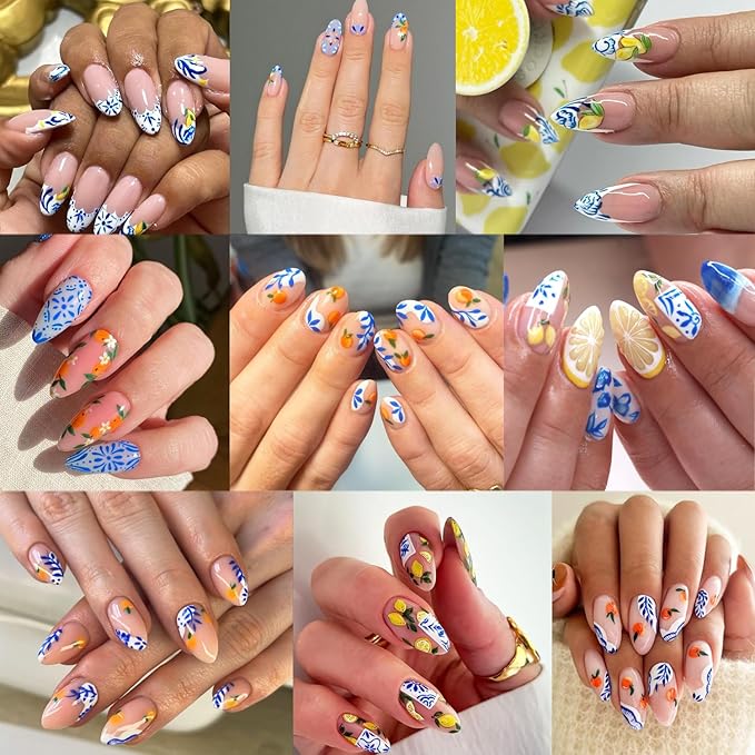 6 Sheets Autumn Fruit Nail Decals for Nail Art 3D Self-Adhesive Orange Lemon Nail Art Stickers Bohemian Style French Tip Nail Stickers Fall Flower Nail Supplies for Women Acrylic Nails Decoration