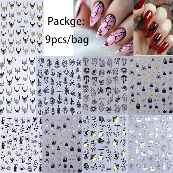 9 Sheets Halloween Nail Stickers for Nail Art, 3D Self-Adhesive Bat Spider Web Nail Decals, Ghost Pumkin Leaf Nail Supplies Nail Art Design Accessories for Women and Girls Manicure DIY Decoration