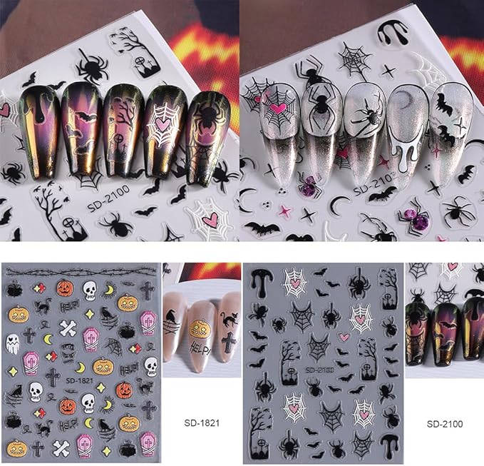 6 Sheets Halloween Nail Stickers for Nail Art, 5D Embossed Self-Adhesive Ghost Pumpkin Spider Web Nail Decals, Castle Nail Supplies Nail Art Design Accessories for Women Girls Manicure DIY Decoration
