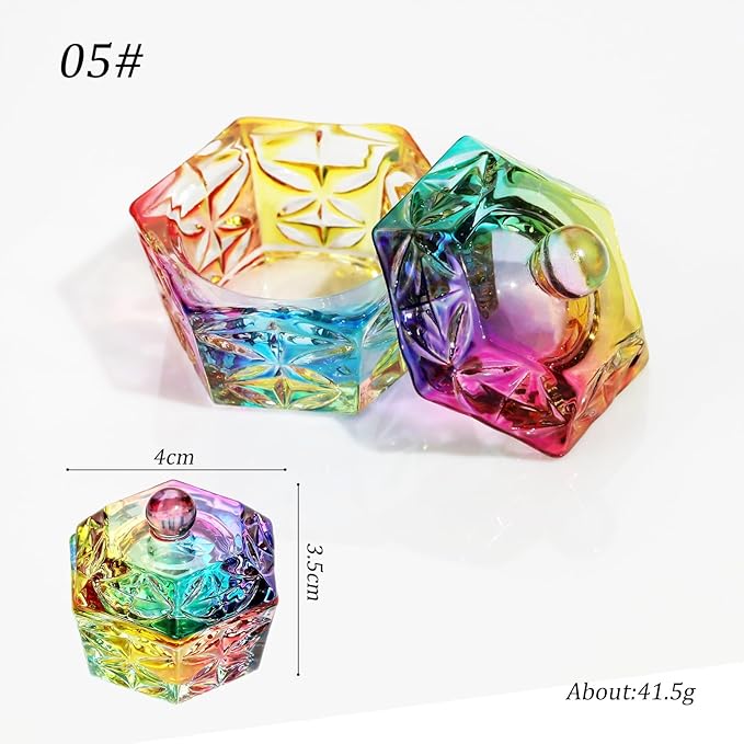 A Set of Multicolour Hexagonal Prism Crystal Glass Dish with Lid,Hexagonal Prism Crystal Cup Acrylic Liquids Powder Glass Dish With Lid Crystal Bowl For Salon and Home,Nail Art and Polish