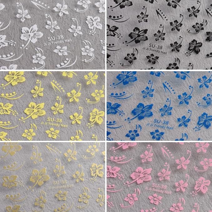 6 Sheets Flower Nail Stickers, Hibiscus 3D Self-Adhesive Nail Decals Blue Yellow White Pink Gold Floral Petal Tropical Leaf Designs DIY Manicure Supplies for Women Girls