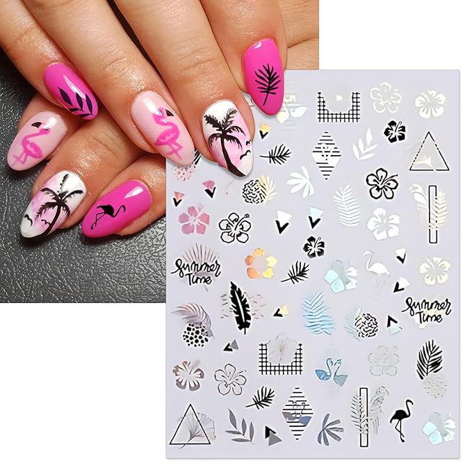 Summer Palm Tree Nail Art Stickers - Glitter Beach Mermaid Self-Adhesive Nail Decals for DIY Anchor Shell Coconut Tree Flamingo Manicure (6 Sheets)