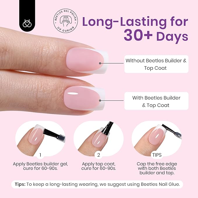 Beetles X Press Plus French Tip Nails - Camellia French | Pink Short Square Press On Nails | 16 Sizes 224 Pcs Natural Salon Quality Gel Nail Tips