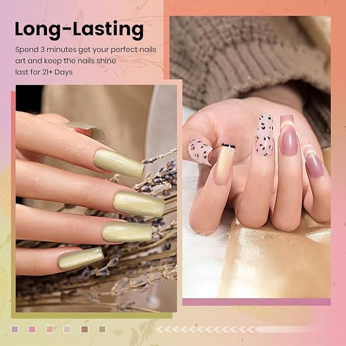 RARJSM Gold Glitter Cat Eye Gel Nail Polish Set 6Pcs Nude Pink Light Purple Brown Gray Green Velvet Ice Jelly Glitter Cateye Gel Polish with Magnetic Stick UV LED Curing Require Home Salon Nails