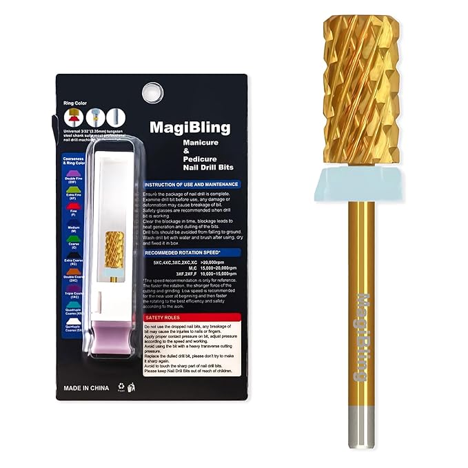 Super Cut Large Barrel Nail Drill Bits, 3/32'' Professional Tungsten Carbide Bits, Remove Hard and Soft Gel Fast, Right Hand Use, Manicure Pedicure Cuticle Gel Polishing, Gold Color, Quadruple Coarse.