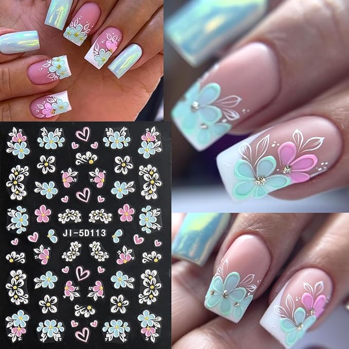 5D Embossed Flowers Nail Stickers, 4 Sheets Self-Adhesive Colorful Summer Floral Nail Decals Hibiscus Rose Butterfly Nail Art Design Manicure Decoration Accessories for Women Girls