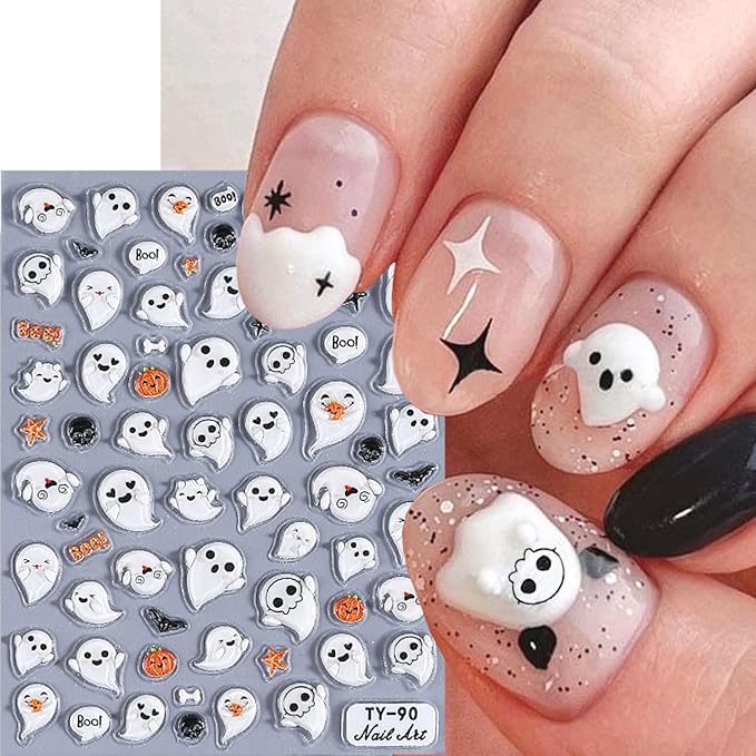 1 Sheets 5d Embossed Ghost Nail Decals for Nail Art Self-Adhesive Scary Halloween Nail Stickers Cute Pumpkin Nail Art Stickers Horror Bat Skull Nail Design Decals for Women Holiday Nails Decorations