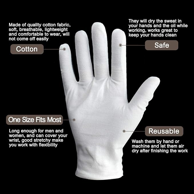 24pcs Unisex Soft White Cotton Gloves for Eczema, Moisturizing Dry Hands, Inspection (Large)
