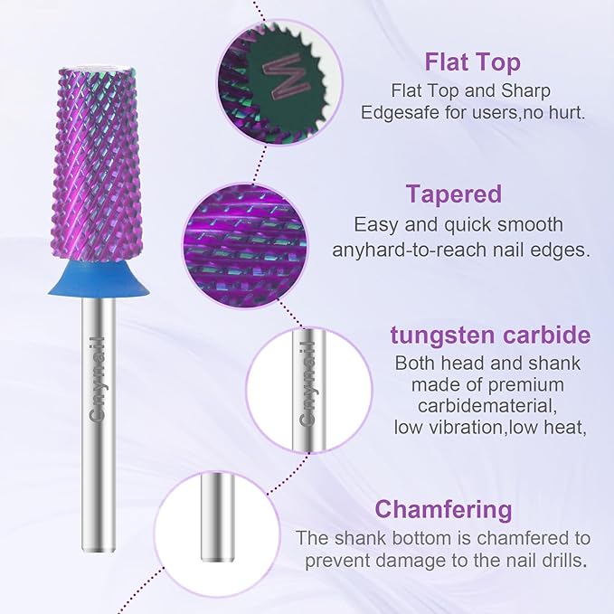 Cnynail 3/32" Large Tapered Barrel Flat Bit Tungsten Carbide Nail Drill Bit Safety Bit for Gel & Acrylic Removal, 2- Way Rotating Efile Tip, Salon Electric File Accessory (M Girt, Purple)