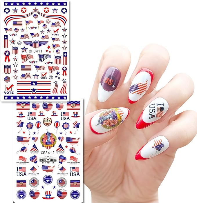 Patriotic 4th of July Nail Art Decals - 8 Sheets 3D Self-Adhesive Nail Stickers for Women