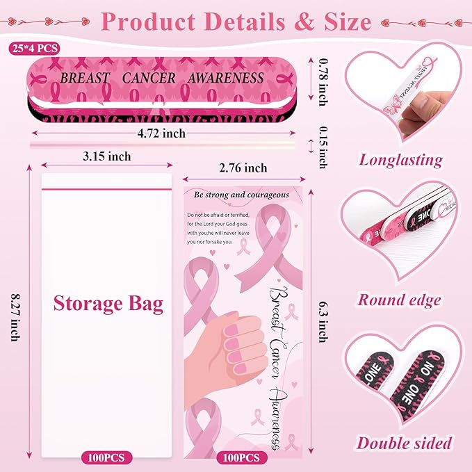100 Sets 4.72" Breast Cancer Awareness Gift Nail File with Pink Ribbon Design Breast Cancer Awareness Nail Files Bulk Manicure Tools for Women Party Gift Accessories (100PC)
