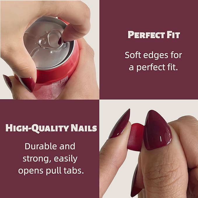 30PCS Short Almond Press-On Nails – Burgundy Fake Nails with 15 Sizes, Soft Back Edge & Durable Tip, No Measuring Needed, Reusable Stick-On Nail Tips for Women