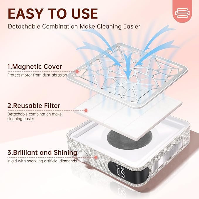 Nail Dust Collector, Cordless Dust Collector Nail Tech, Powerful Vacuum Fan Vent Dust Collector Extractor Dust Suction Machine for Acrylic Nails Polishing, Nail Salon&Home