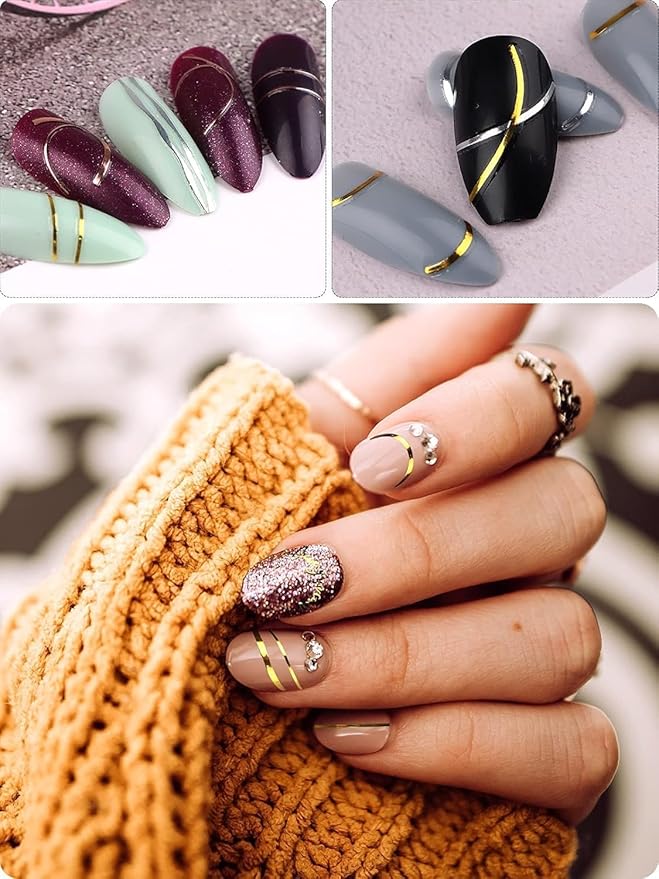 EBANKU 12 Sheets Gold Silver Metal Nail Stickers, Metallic Curve Strip Line Nail Decal Self-Adhesive 3D Wave Design DIY Decoration for Women Girls