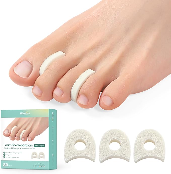 Welnove Foam Toe Separators - 80 Pack Toe Spacers for Corn, Blister, and Hammer Toe Relief - Breathable, Adhesive Options for Pain from Bunions, and Toe Overlap, Toe Spacers for Men