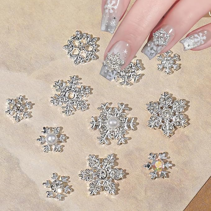 20Pcs Christmas Nail Charms Silver Snowflake Nail Rhinestones for Nails Art 3D Luxury Bling White Nail Gems Winter Cute Pearl Nail Jewelry Christmas Snowflake Bling Nail Charms for Women Acrylic Nails