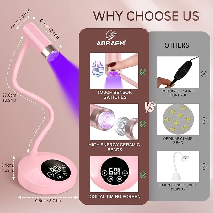 AORAEM UV LED Nail Lamp, Rechargeable Gooseneck Lamp for Gel Nails 12W Quick Dry LED Nail Light Nail Dryer with 4 Timers & Auto Sensor, Professional Flash Cure Light for Gel Nails Home DIY Pink