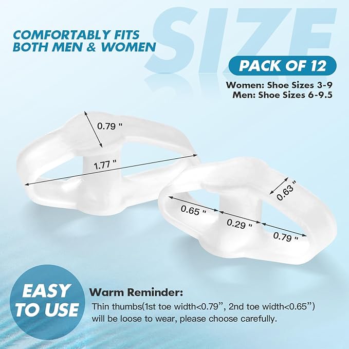Pack of 12 Bunion Toe Separators Corrector for Big Toe, (0.29" Thick) Gel Toe Separators for Women Overlapping Toes with 2 Loops, Silicone Toe Spacers for Men Bunion for Alignment Feet(Clear)