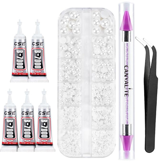 Canvalite Flatback Nail Pearls for Crafting, Multiple Sizes Half Pearls with 5Pcs B7000 Jewelry Glues & Picker Tools Bedazzling Bead for DIY Crafts Clothing Tumblers Shoes Decors Nail Art