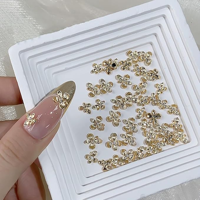40PCS Gold Flower Nail Art Charms, 3D Metal Alloy Nail Charms Cute Mini Floral Blossom Designs Manicure Jewelry Charms Rhinestones for Women Nail Art DIY