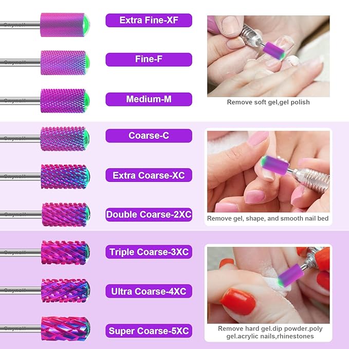 3/32" 2PCS Large Barrel Smooth Round Top Tungsten Carbide Nail Drill Bit Safety Bit for Gel & Acrylic Removal, 2-Way Rotating Efile Tip, Salon Electric File Accessory (M Grit, Purple)