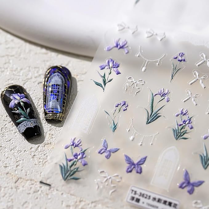Flower Nail Sticker, 5D Embossed Iris Floral Nail Art Stickers Self-Adhesive Bows Butterfly Nail Decals for Women Nail Supplies Art Design Sticker(1, Iris Flower)