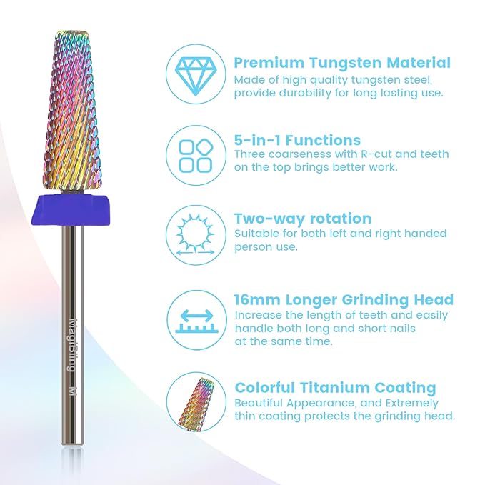 M 5 in 1 Nail Drill Bits, 16mm Tapered 3/32'' Professional Tungsten Carbide Bits for Efile, 2 Rotation for Electric Drill, Remove Thick & Soft Gel Fast, Manicure Cuticle Polishing, Techs Bits, Medium.