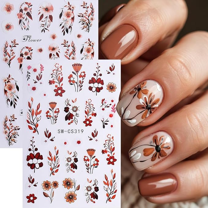 6Pcs Fall Nail Stickers Brown Orange Black Flower Leaves Nail Decals DIY Self Adhesive Autumn Leaves Design Thanksgiving Nail Decoration Supplies Winter Holiday Manicure Accessories for Women Girls
