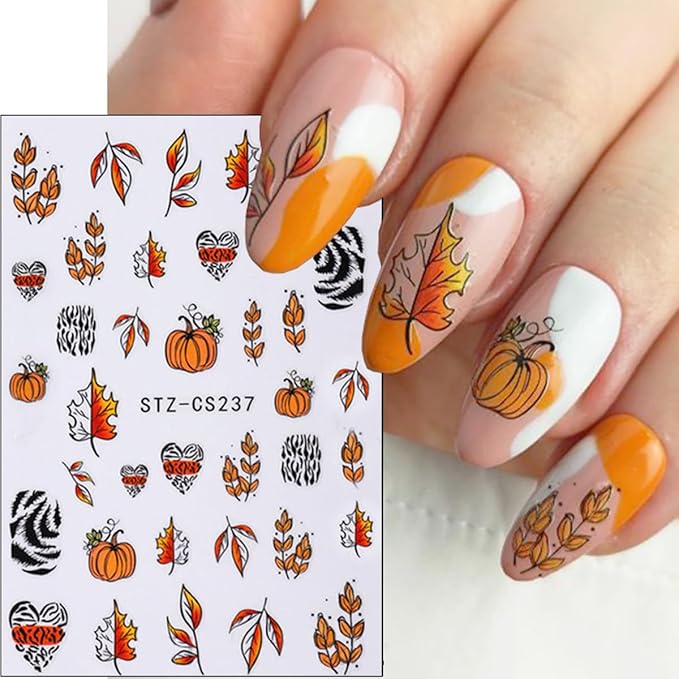 6 Sheets Fall Nail Art Stickers Thanksgiving Day Nails Decals 3D Self Adhesive Maple Leaf Nail Stickers Cute Fox Pumpkin Maple Leaves Design Fall Nails Supplies for Women Autumn DIY Manicure Decor