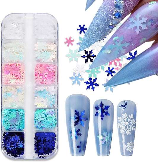 12 Grids Christmas Nail Art Glitter Sequins 3D Holographic Winter Snowflake Nail Art Glitter Flakes White Blue Pink Green Snowflake Designs Xmas Nail Decorations for Acrylic Nails Supplies