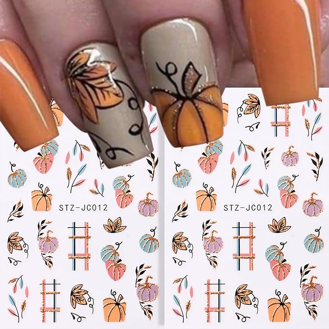 6 Sheets Fall Nail Art Stickers Decals, Thanksgiving Nail Art Accessories 3D Self Adhesive Fall Leaves Nail Decals Autumn Pumpkin Maple Leaf Nail Design DIY Manicure Decoration for Women Nail Supplies