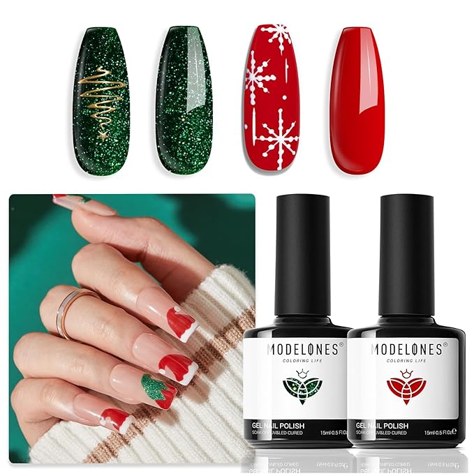 modelones Gel Nail Polish Set 2 Pcs 15 ML Red Green Glitter Gel Nail Polish Silver Champagne Rose Gold Shades Polish Kit Soak Off Nail Art Manicure Home Gift For Women Girl