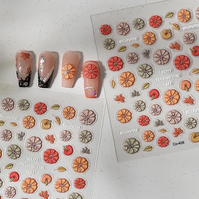 Halloween Pumpkin Nail Stickers 1 Sheets Pumpkin Jelly Nail Decals 5D Self-Adhesive Cute Pumpkins Nail Art Sticker Fall Thanksgiving Nails Design Sticker for Women DIY Phone Case Stickers Nail Decor