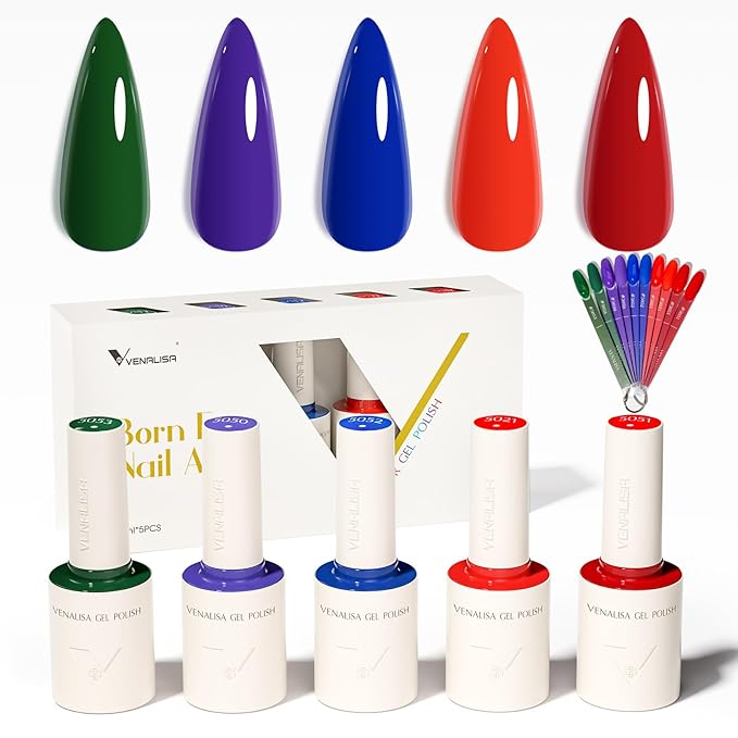 VENALISA Gel Nail Polish Set, 5 Colors 10ML Gel Polish Kit Red Orange Purple Dark Green Navy Blue Color Soak Off Salon Manicure DIY at Home Nail Art For Girls Women