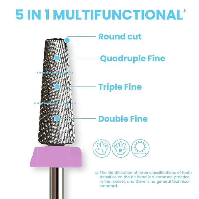 16mm 5 in 1 Tapered Barrel Nail Drill Bits, 3/32'' Safety Tungsten Carbide Bits for Professionals, Right & Left Rotation, Manicure Cuticle Gel Acrylic Removal Polishing, Technicians Bits, Double Fine.