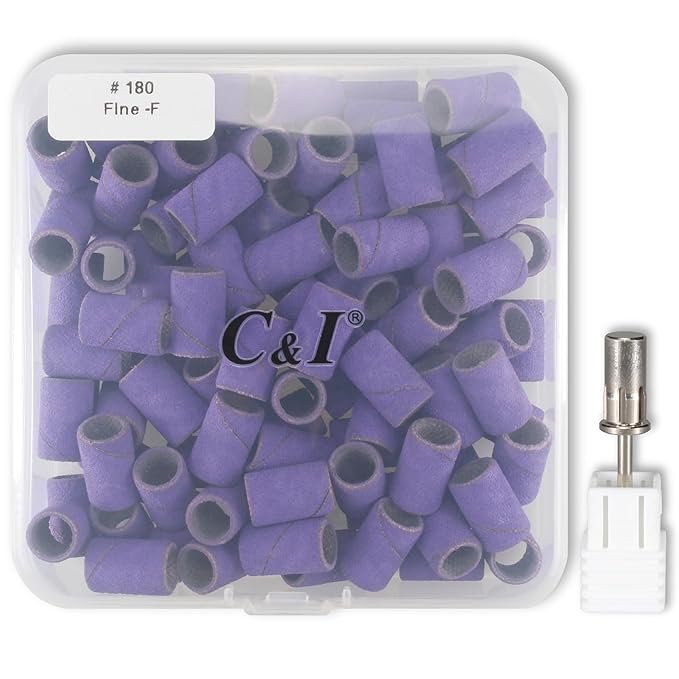 C & I Nail Sanding Bands 100 PCS Plus Upgrade Mandrel 1 PC, Manicure Drill Bits for Acrylic Gel Nails Remove, Natural Nails Buffer for Nail Prep and Shiner (Purple, #180 Fine)