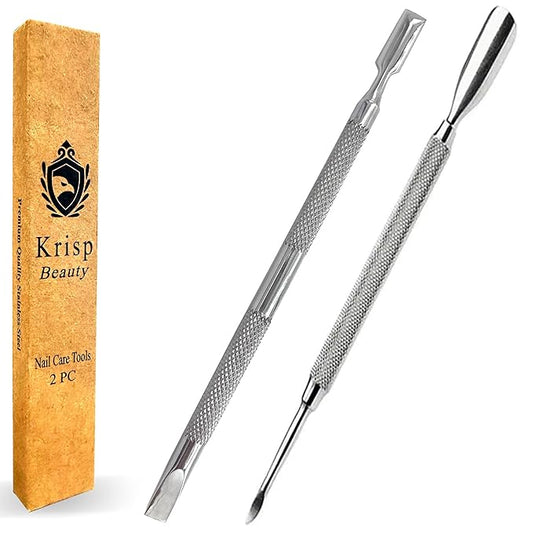 Cuticle Pusher Tools - Professional Nail Cuticle Pusher Cuticle Remover Cuticle Trimmer Spoon Shaped Nail Cleaner Dual Sided Metal Stainless Steel Manicure Pedicure for Women 2 Pack Set Krisp Beauty