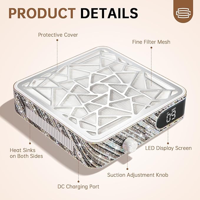 Nail Dust Collector, Cordless Dust Collector Nail Tech, Powerful Vacuum Fan Vent Dust Collector Extractor Dust Suction Machine for Acrylic Nails Polishing, Nail Salon, Zebra Diamond