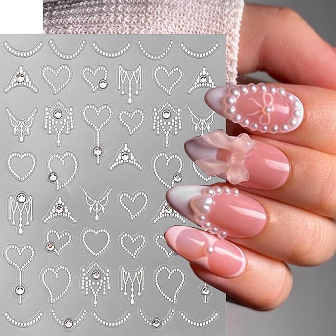 2 Sheets 5D Embossed Nail Art Stickers for French Line Design Silver White Glitter Pearl Rhinestones Nail Decals Heart Waves Nail Design Stickers Grace Cute Nail Decor for Women Manicure Supplies
