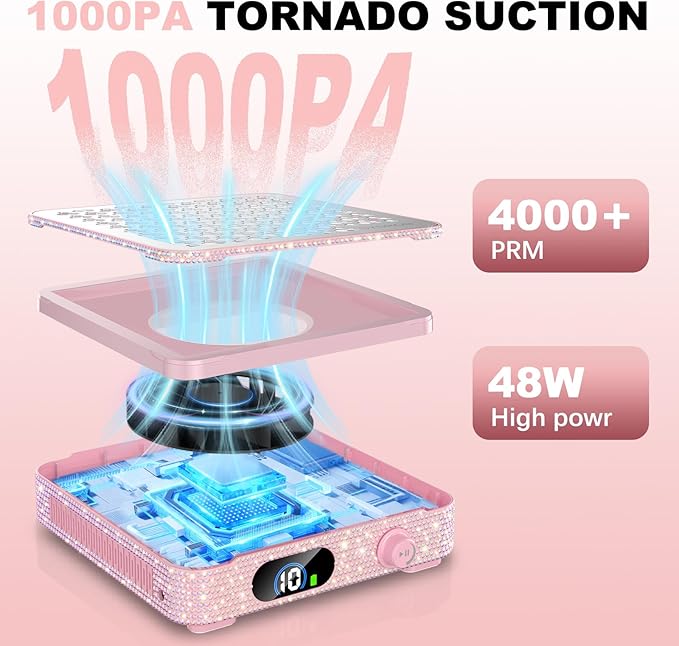 Nail Dust Collector | 1000PA Nail Dust Collector Rechargeable | 10 Speed Levels | Low Noise & Strong Suction | Reusable Filter, 10 Pads + Nail Dust Brush| for Acrylic Nails, Salon & Home -Pink Diamond