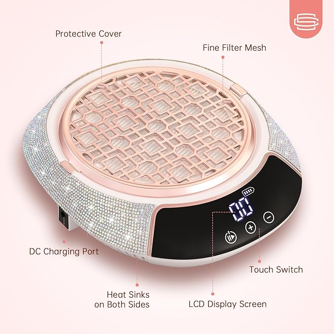 Cordless Nail Dust Collector,Portable Dust Collector Nail Tech with LED Display,Rechargeable Dust Suction Machine with Reusable Fillter for Acrylic Gel Polish,Salon & Home