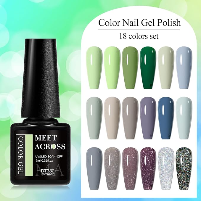 MEET ACROSS 18pcs Gel Nail Polish Set Soak Off UV LED Lamp Gel Nail Polish Kit (SET-7, 18pcs)