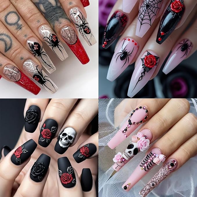 3D Horror Halloween Nail Art Stickers Decals Scary Skeleton Crow Spider Skull Nail Stickers with Spider Web Design Self-Adhesive Red Blue Rose Nail Decals for Women DIY Manicure 4 Sheets