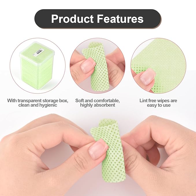 Lint Free Nail Wipes 350Pcs Nail Polish Removal Wipe Disposable Non-Woven Cotton Pads Super Absorbent Eyelash Extension Glue Cleaning Wipes Nail Salon and Home Use, Green