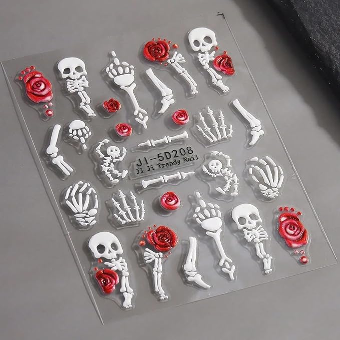 Halloween Nail Art Stickers Decals Rose Skull Skeleton Halloween Nail Design 5D Embossed Nail Decals Nail Art Supplies 2PCS Fantasy Bone Skeleton Holiday Stickers for Women DIY Manicure Decorations