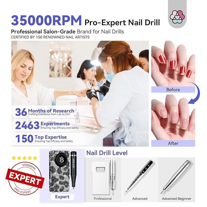 SAVILAND Acrylic Nail Drill Machine: 2024 Latest Collection Diamond Shiny Nail Drill Professional E-File Rechargeable Electric Filer Acrylic Removal Ceramic Bits Expert Salon Use Manicure Pedicure
