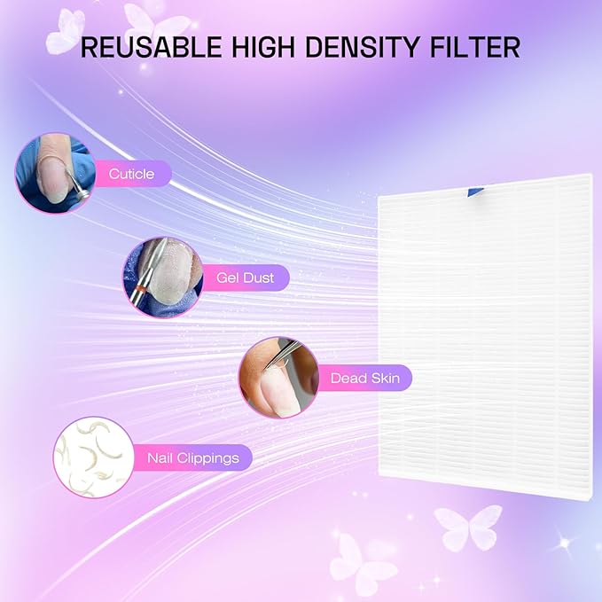 Nail Dust Collector Nail Tech with Lamp & 50PCS Disposal Filters, Powerful Rhinestone Nail Vacuum Vent Fan Dust Collector Extractor Cleaner Machine for Manicure Acrylic Gel Nails Polishing, Salon&Home