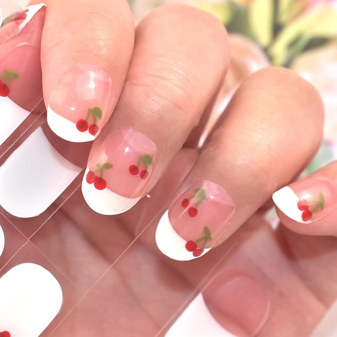Semi Cured Gel Nail Strips Cute Cherry Gel Stickers French White Salon Quality DIY Nail Wraps Manicure Stickers for Easy Application