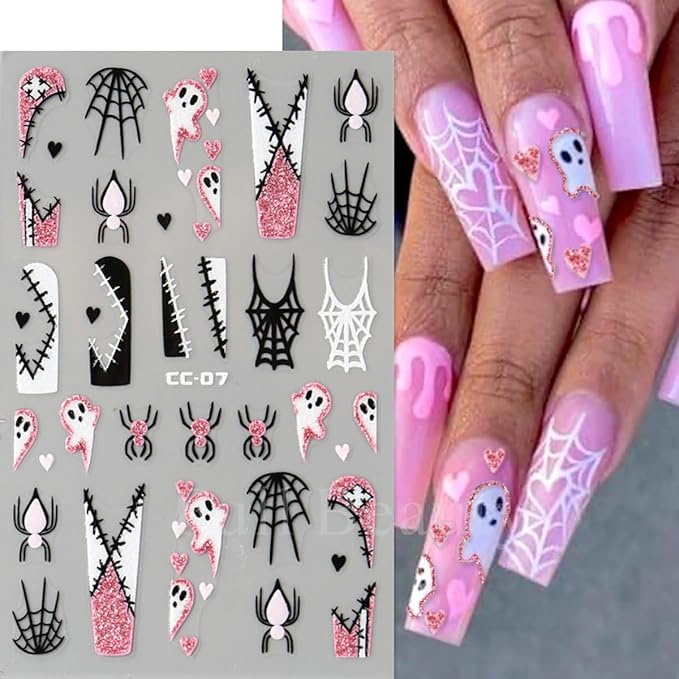 8 Sheets Halloween Spider Nail Art Stickers Decals Glow in The Dark Stickers 3D Self-Adhesive Luminous Ghost Spider Web Spider Nail Art Design Decals Charms for Holiday Acrylic DIY Nail Decoration