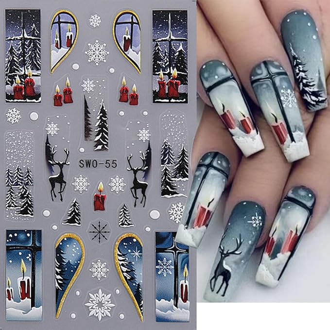 5D Embossed Christmas Nail Stickers for Nail Art - Snowflake Nail Art Stickers Xmas Tree Light Ball Gift Nail Decals Elk Deer Nail Supplies for Women DIY Christmas Decorations 4 Sheets